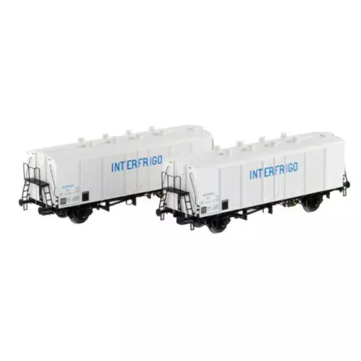 Set of 2 ICEFS refrigerator cars with large blue inscription "Interfrigo" delivered white