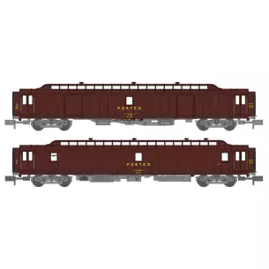 Coffret de 2 voitures postales ambulant et allège brun PTT avec boudin UIC et bogie Y24 21m