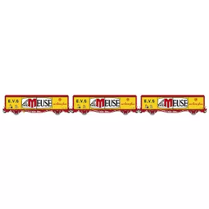 Set of 3 EVS boxcars delivered red/yellow with flat sides and "LA MEUSE" logo
