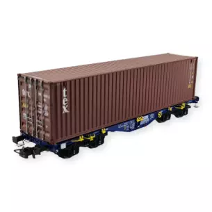 Wagon porte-conteneurs Sgmmnss Modalis chargé d'un conteneur TEX - PT Trains 100260 - HO SNCF