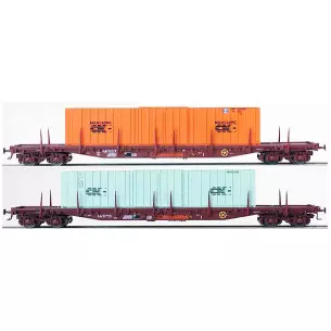 Set of 2 brown UIC flat cars with stakes type Sgss delivered CNC orange and green