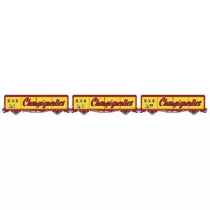 Set of 3 EVS boxcars delivered red/yellow with flat sides and "CHAMPIGNEULLES" logo