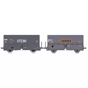 Coffret de 2 wagons coke 56 2E avec boîtes à rouleau et plateforme livrée gris foncé et inscription orange noir