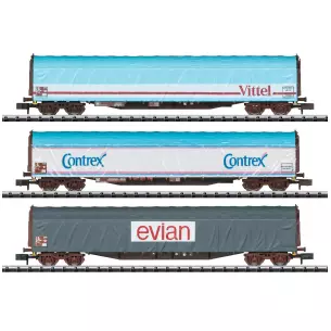 Coffret de 3 wagons bachés livrée "Evian" "Contrex" et "Vittel"