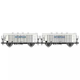 Box of 2 refrigerated boxcars delivered white with large blue INTERFRIGO inscription