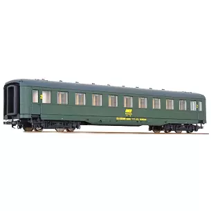 Second class passenger car in green livery with framed logo