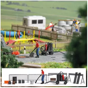 Lot avec un ouvrier, un réchaud à goudron et accessoires BUSCH 7802 - HO : 1/87