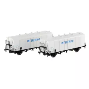 Set of 2 ICEFS refrigerator cars with large blue inscription "Interfrigo" delivered white