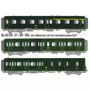 Coffret de 3 voitures Express Nord A7 + B9 + B5d livrées vertes, châssis gris, toit vert, inscriptions jaunes