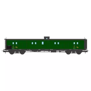 Voiture fourgon à bogie ex-PLM livrée vert PLM toit et bout noirs avec vigie et échelle