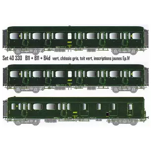 Coffret de 3 voitures Express Nord B11 + B11 + B4d livrées vertes, châssis gris, toit vert, inscriptions jaunes