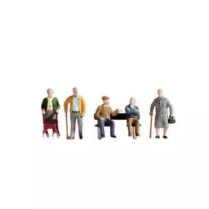 5 elderly people with benches