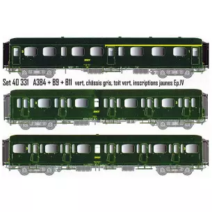 Set of 3 Express Nord A384 B9 B11 cars in green livery, grey chassis, green roof, yellow inscriptions