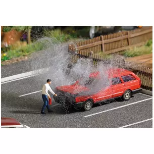 VW Passat on fire with character and fire extinguisher