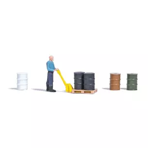 Forklift with handler, drums and pallet