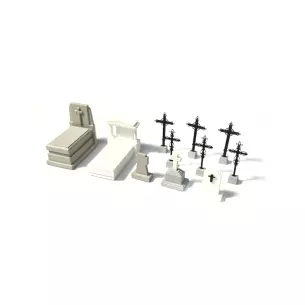 Cimetière - 2 tombes, 4 Pierres tombales & 6 croix Chrétiennes 87Train 221054 | HO 1/87