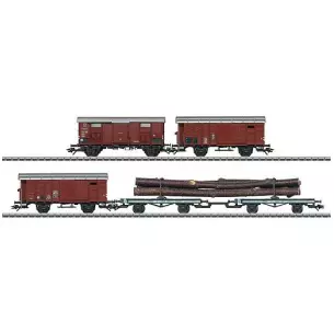 Set of 4 freight cars including 3 boxcars and 1 wood transport