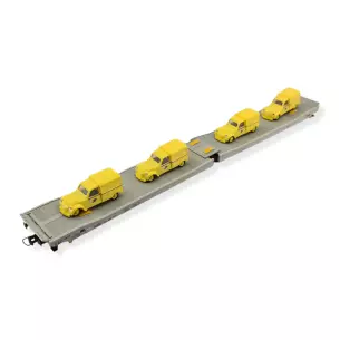 Wagon plat LADKS gris STVA et 4 2CV "La poste" JOUEF 6205 - SNCF - HO 1/87