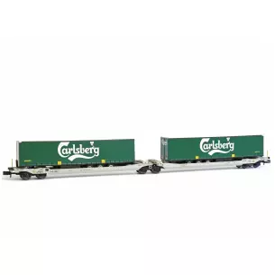Kit de 2 wagons porte-remorque livrée gris et 2 remorques "CALSBERG" livrée vert