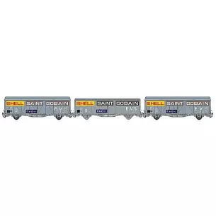 Set of 3 EVS boxcars delivered in grey with high roof / low roof and reinforced walls with "SAINT GOBAIN EVS" logo