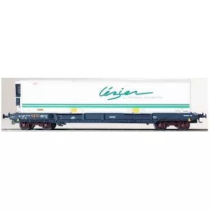 Flat wagon with container carrier delivered in grey-blue NOVATRANS type KU with white LEZIER refrigerated swap body