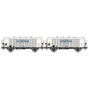 Box of 2 refrigerated boxcars delivered white with large blue INTERFRIGO inscription