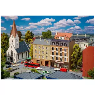 Urban buildings with delicatessen and pharmacy