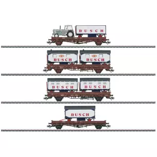 Set of 4 flat cars with circus vehicle "BUSCH" MARKLIN 45040 DB - HO 1/87