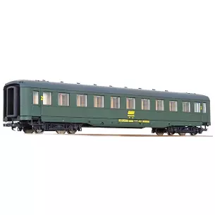 Second class passenger car in green livery with framed logo