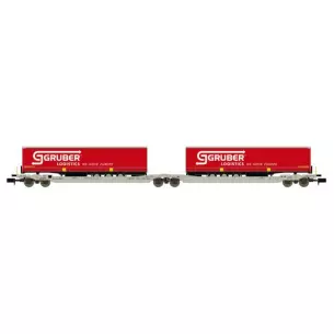 Lot de 2 wagons portes conteneurs avec inscription blanche "GRUBER" livrée rouge et gris