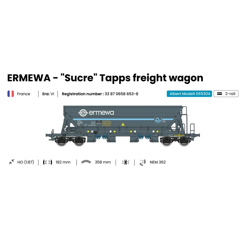 Wagon trémie Tapps sucre "Ermewa" - Albert Modell 065304 - HO 1/87 - F-ERSA - Ep VI - 2R - 2