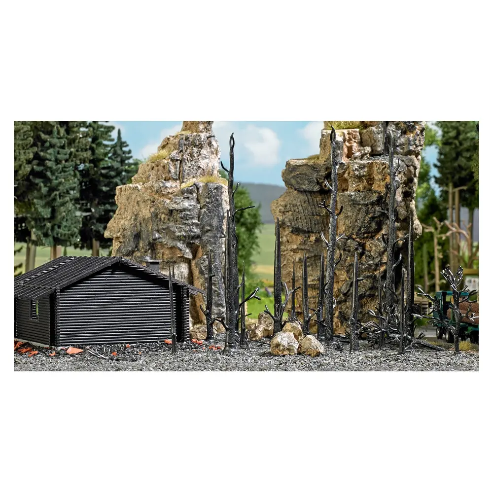 Lot de 17 arbres calcinés, 2 buissons & cendres BUSCH 1854 - HO 1/87 -  - 2