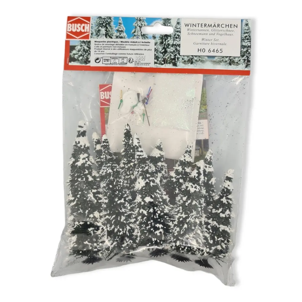 Set Décor hivernal - 10 arbres, nichoir, bonhomme de neige - Busch 6465 - HO 1/87 - 2
