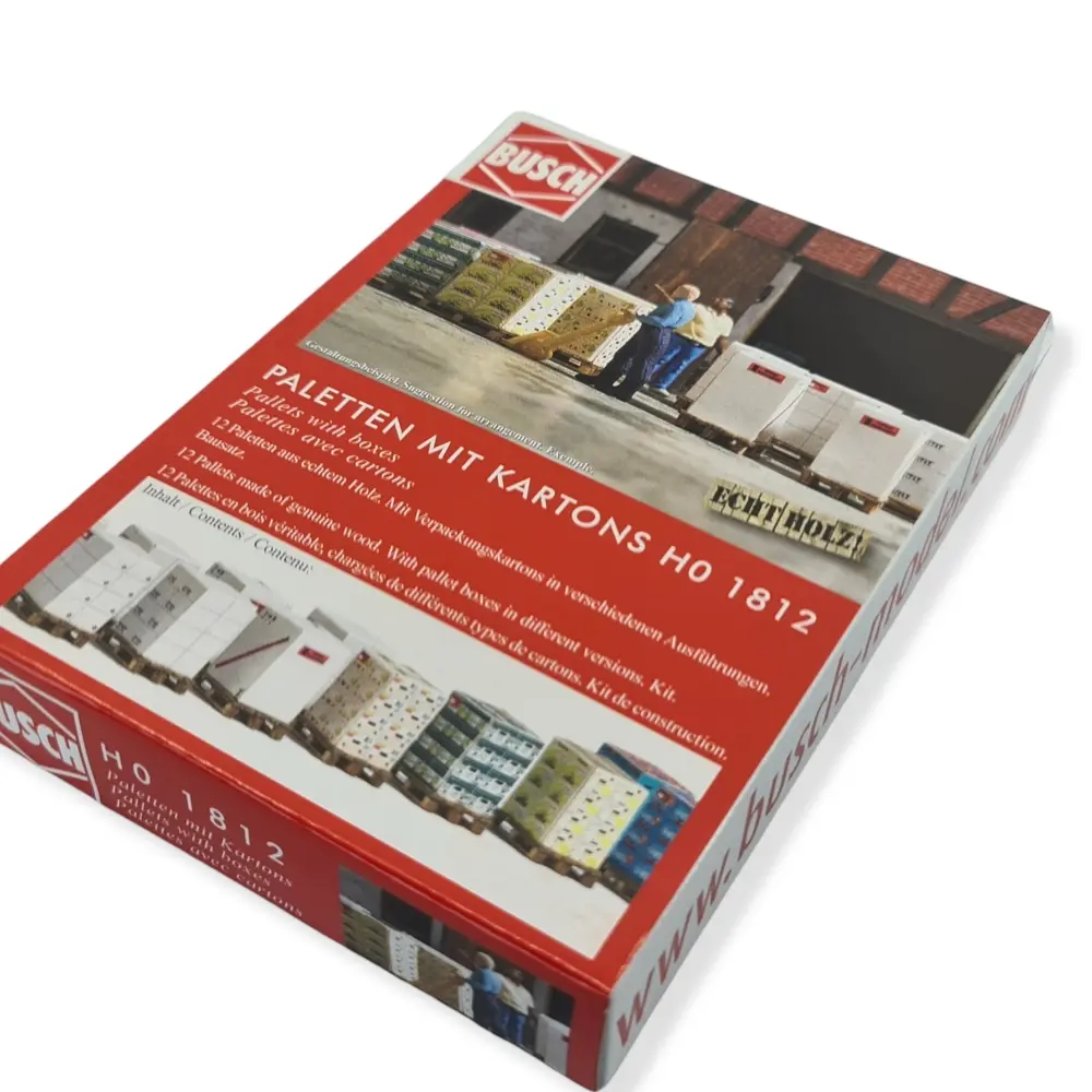 Lot de 12 palettes en bois chargées de divers cartons BUSCH 1812 -  HO 1/87 - 3