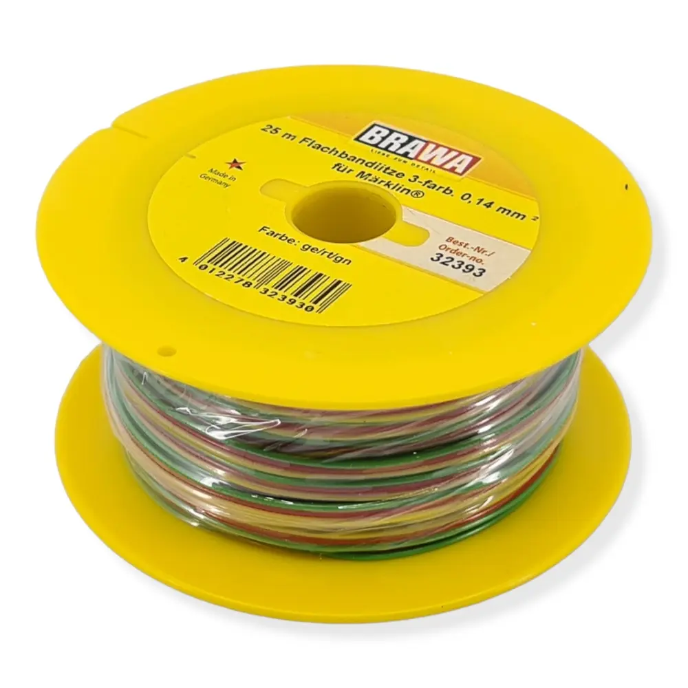 Bobine de fil triple-ligne plat - 25m - 0.14mm2 - jaune/rouge/vert - Brawa 32393 - 2