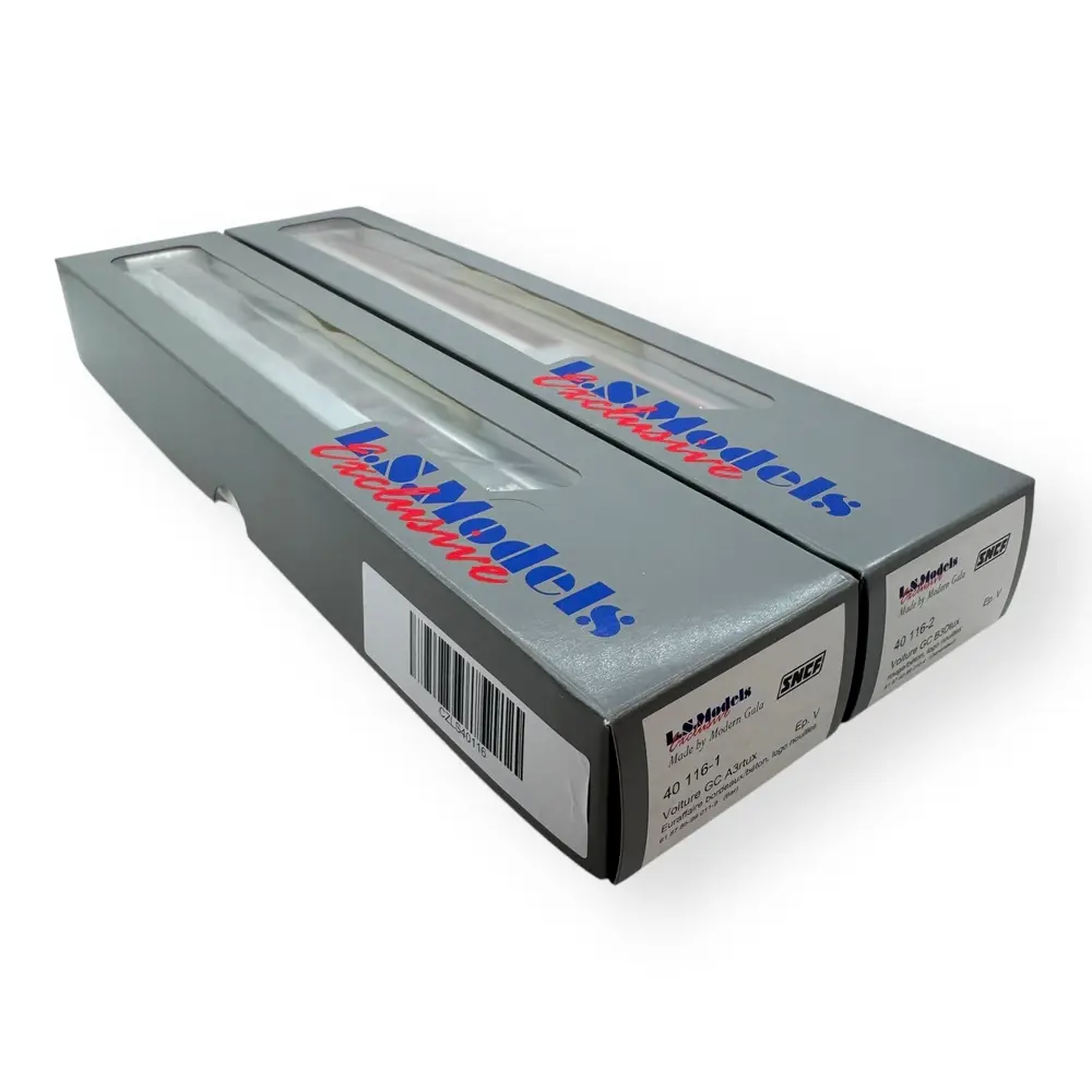 1 voiture bar GC A3rtux, Euraffaire, bordeaux/béton, logo nouilles + 1 voiture (générateur) GC B3Dtux, rouge/béton, logo nouilles - LS Models 40116 - HO 1/87 - SNCF - Ep V - 2R - 3