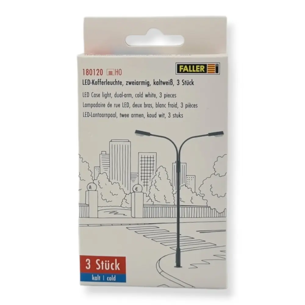Lot de 3 lampadaires à deux bras avec LED - Faller 180120 - HO 1/87 - 3