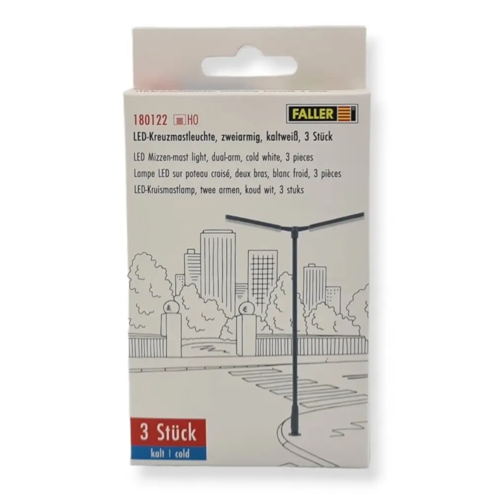 Lot de 3 lampadaires à deux bras avec LED - Faller 180122 - HO 1/87 - 3
