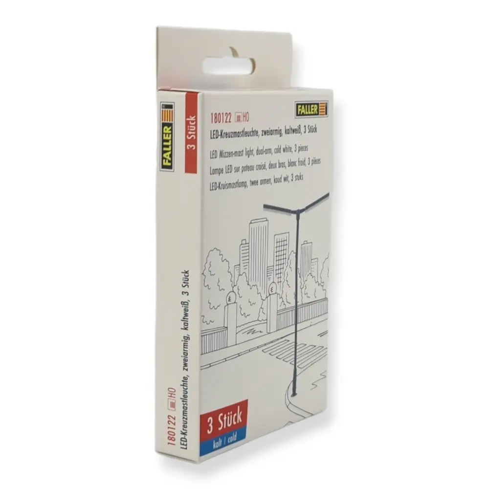 Lot de 3 lampadaires à deux bras avec LED - Faller 180122 - HO 1/87 - 2