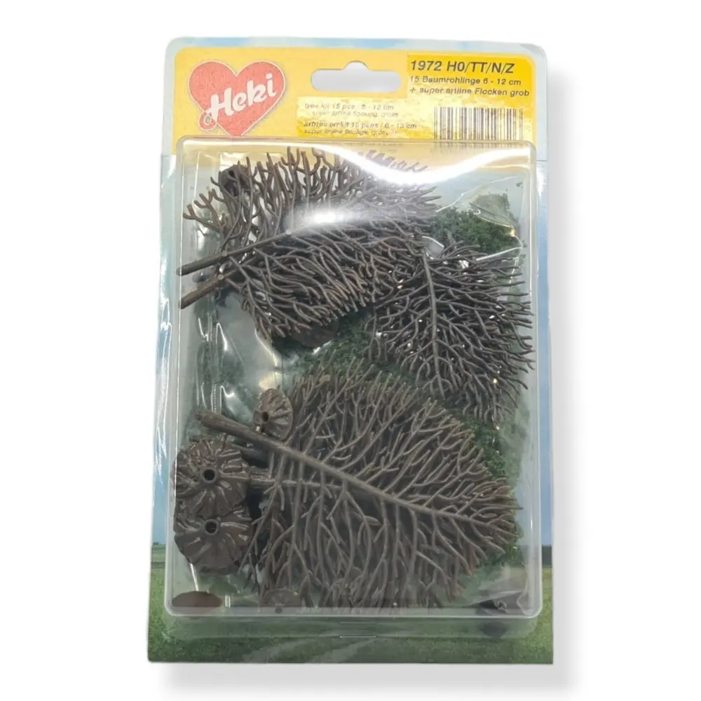 15 Arbres + gros flocage - Vert - HEKI 1972 - Échelle HO / TT / N / Z - 60 à 120 mm - 3