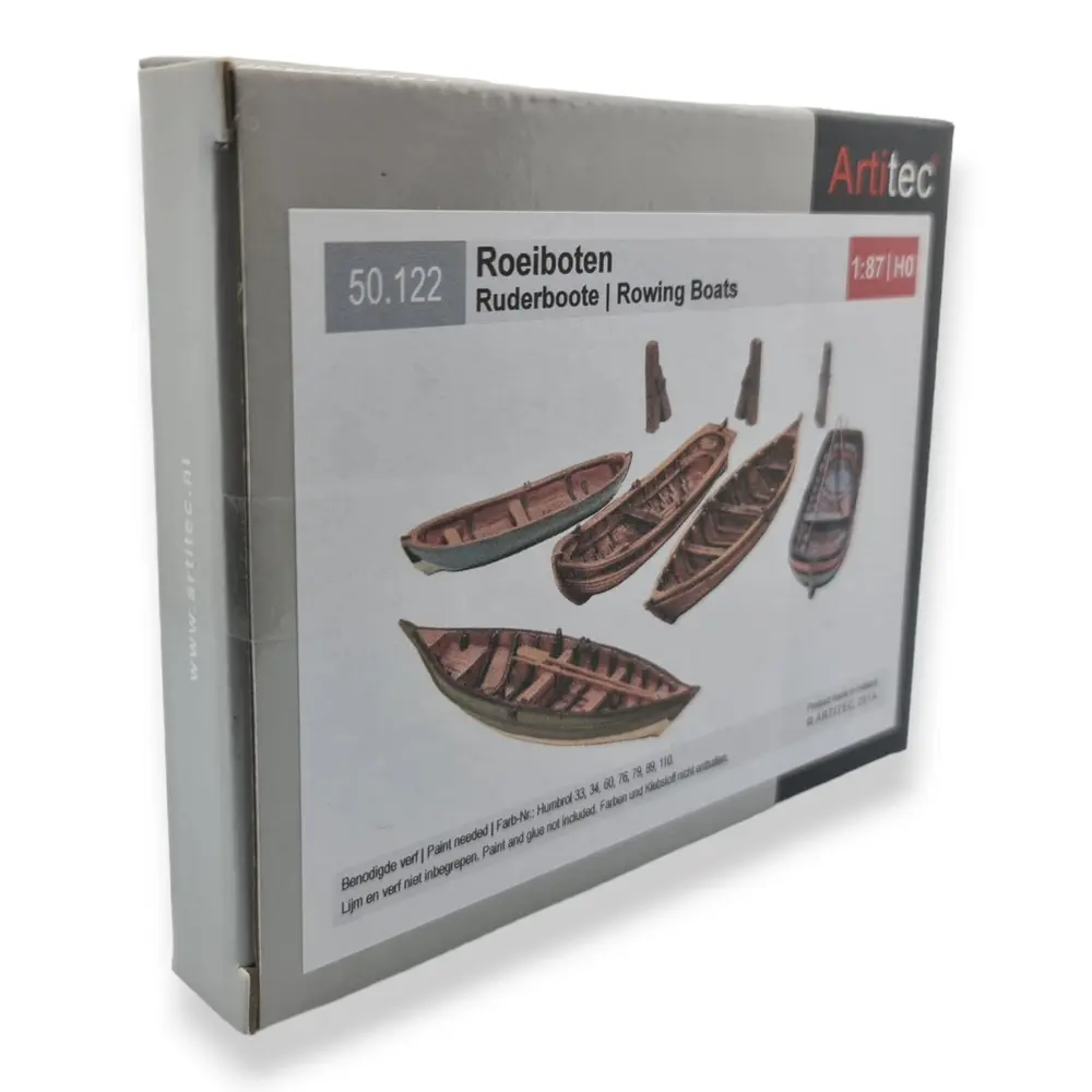 Lot de 5 barques avec rames non peintes - Artitec 50.122 - HO : 1/87   - 2
