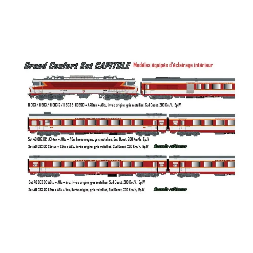 Set de 3 voitures voyageurs grand confort "Capitole" + A8tu + A8u + Vru - LS Models 40083DC - HO 1/87 - SNCF - Ep IV - 2R - 2