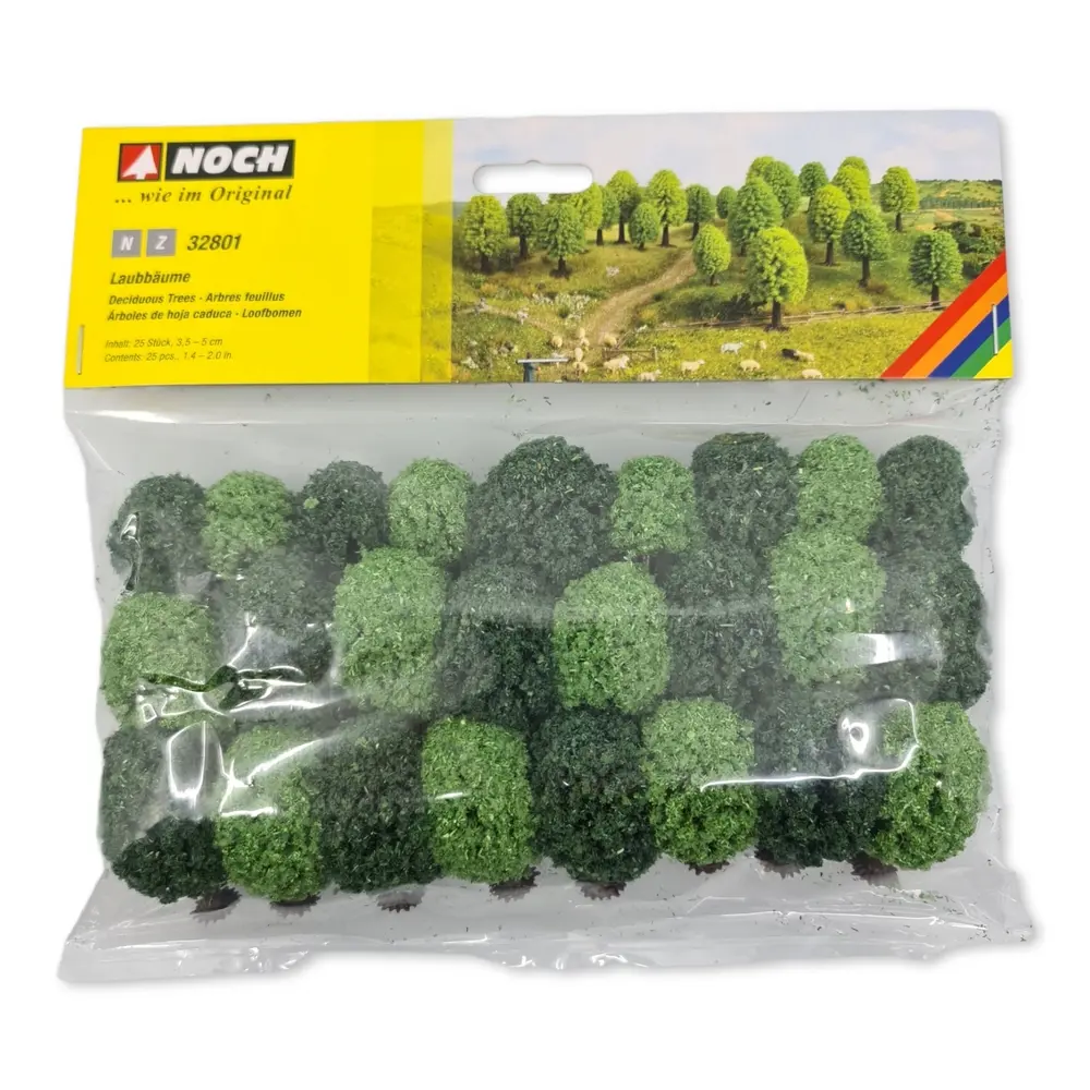 Pack de 25 arbres feuillus Noch 32801 - N 1/160 - Z 1/220 - 35 à 50 mm - 2