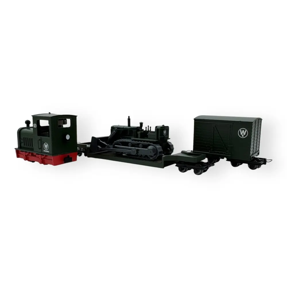 Set locotracteur + wagons & bulldozer- Minitrains 5096 - HOe 1/87 - Ep III-IV - Analogique - 2R - 2