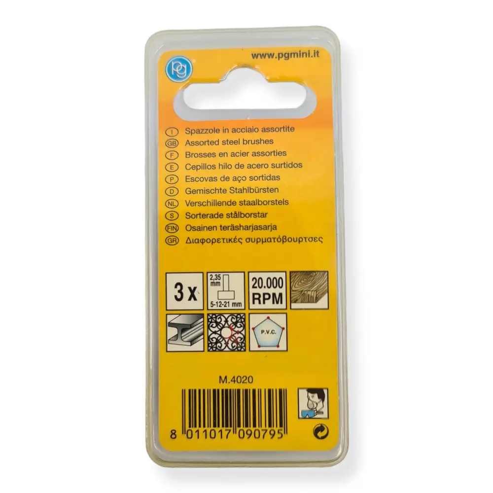 Set 3 brosses en acier - PG Mini 4020 - Diamètres 5, 12 et 21mm  - 3