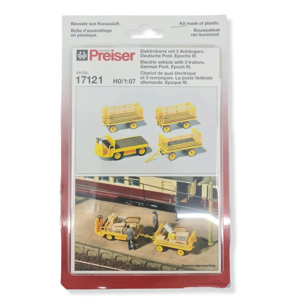 Maquette Chariot électrique, 3 remorques, jaune, PREISER 17121 - HO 1/87 - EP III - 2