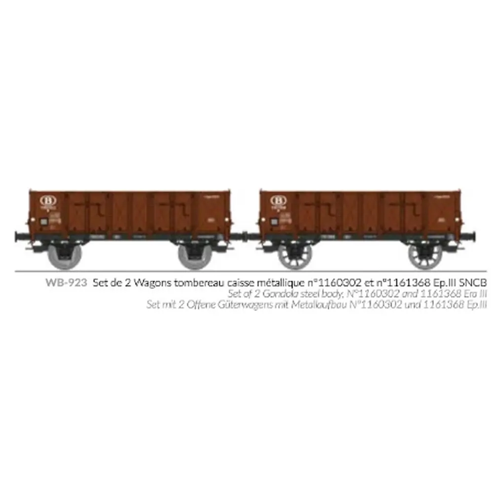 Set de 2 wagons tombereaux Ludwigshafen caisse métallique N°1160302 et 1161368 - Ree Modèles WB923 - HO 1/87 - SNCB - Ep III - 2R - 2
