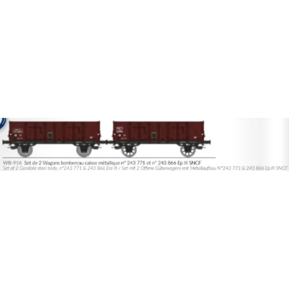 Set de 2 wagons tombereaux Ludwigshafen caisse métallique N°243 771 et 243 866 - Ree Modèles WB916 - HO 1/87 - SNCF - Ep III - 2R - 2