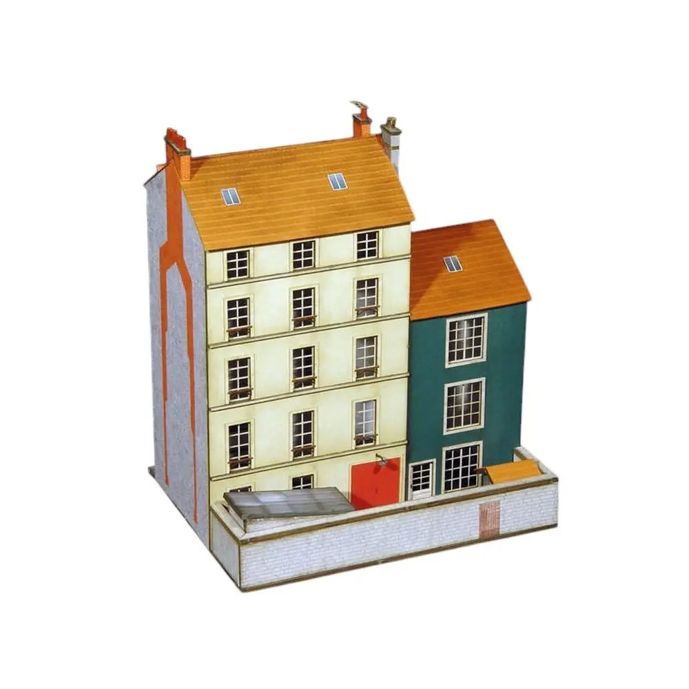 Bloc de 2 immeubles droits (Restaurant À La Treille + Hôtel de la Boule d’Or) - Régions et Compagnies VIL005 - HO 1/87  - 2