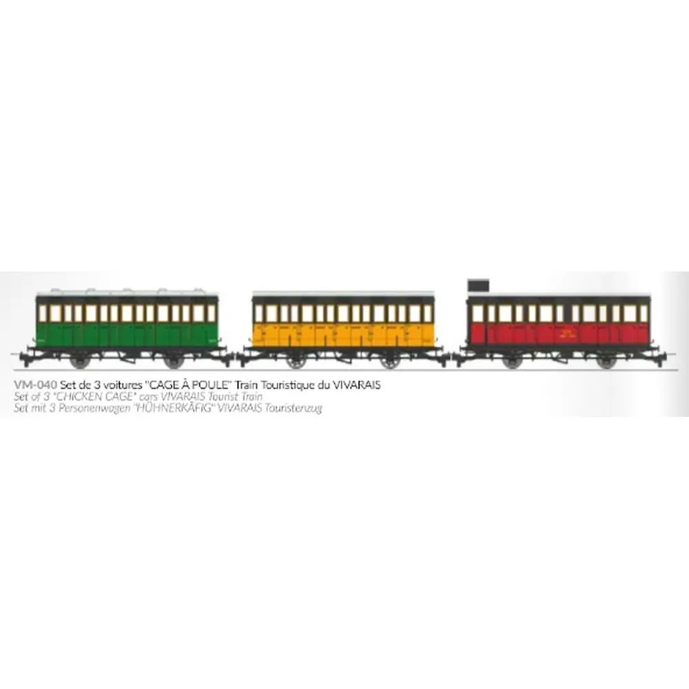 Set de 3 voitures voyageurs « Cage à poule » train touristique du Vivarais - Ree Modèles VM040 - HOe/HOm 1/87 - CFD - Ep II/III - 2R - 2